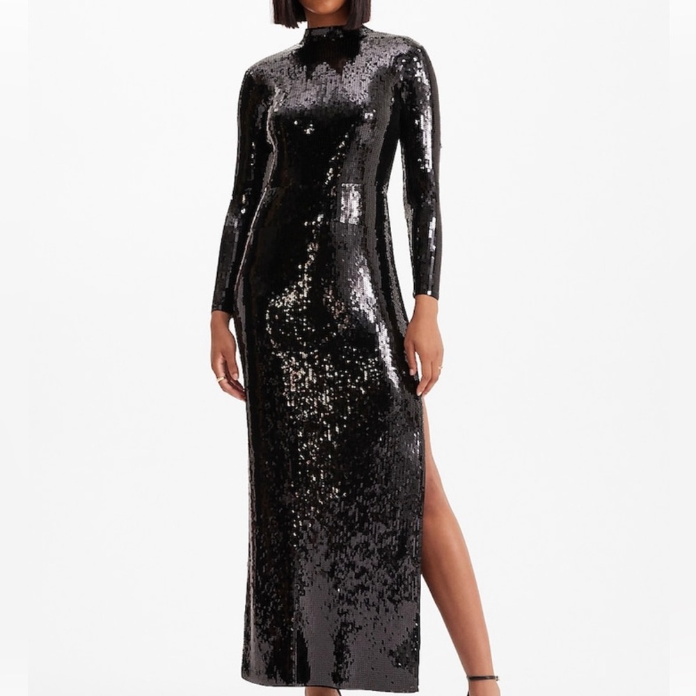Black Sequin Long Sleeve Mock Neck Maxi Dress